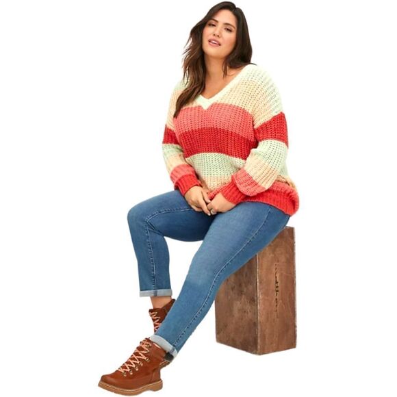 TORRID Plus Size multi- color striped V- neck cozy pullover sweater 1X-2X - Picture 3 of 14